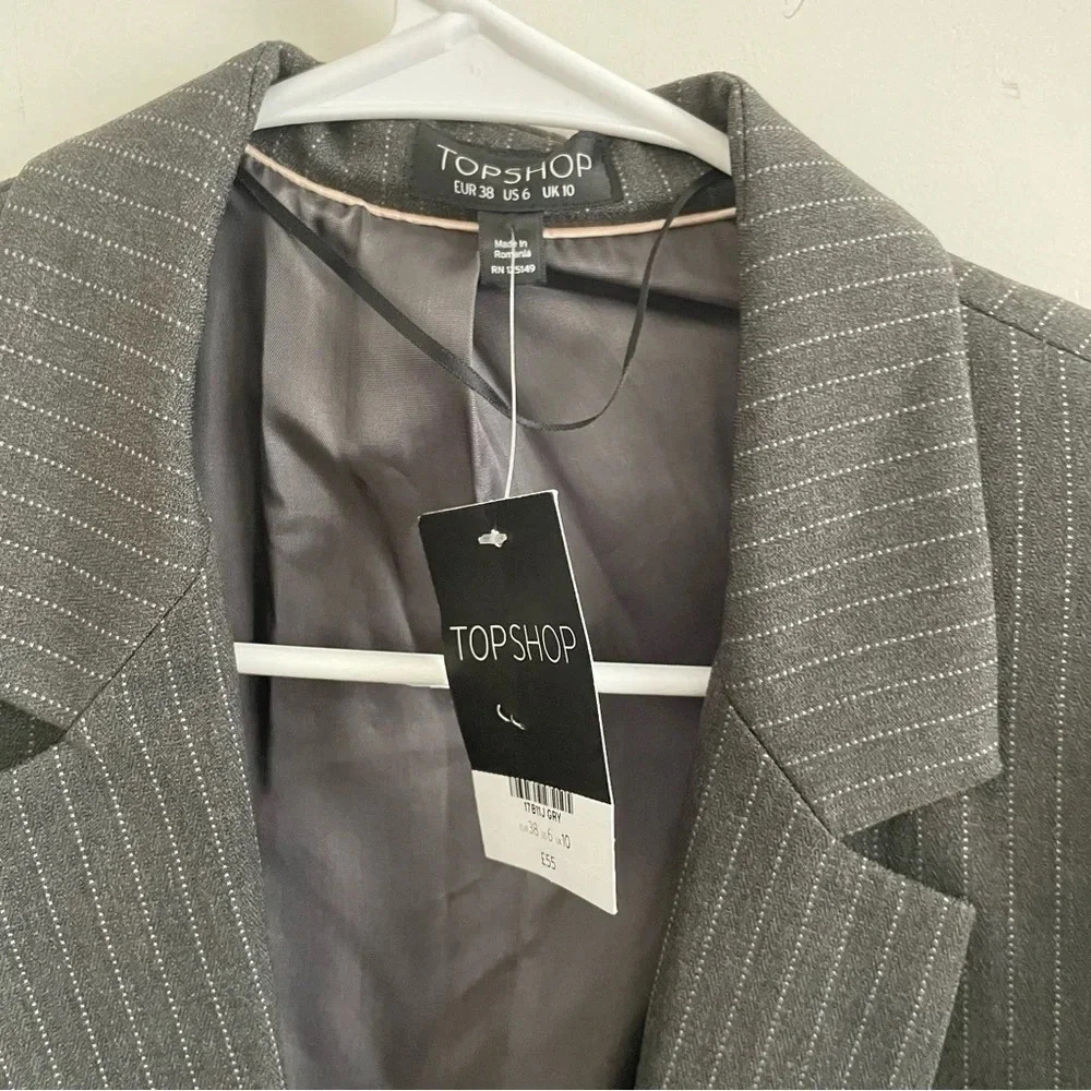 NWT Topshop Gray Pinstripe Blazer Classic Workwear Office Jacket career - Picture 2 of 6